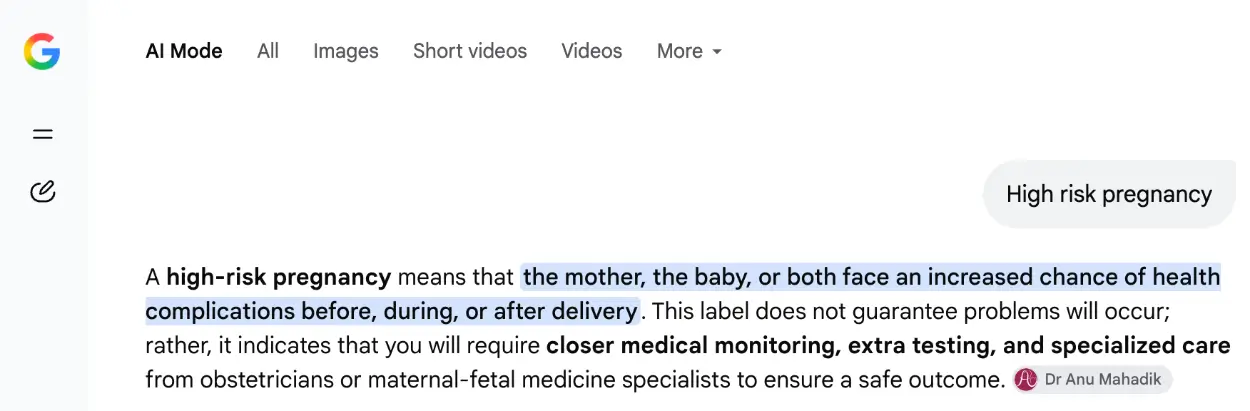 Google AI Mode-antwoord op high risk pregnancy met de pagina van Dr Anu Mahadik als bron voor de definitie