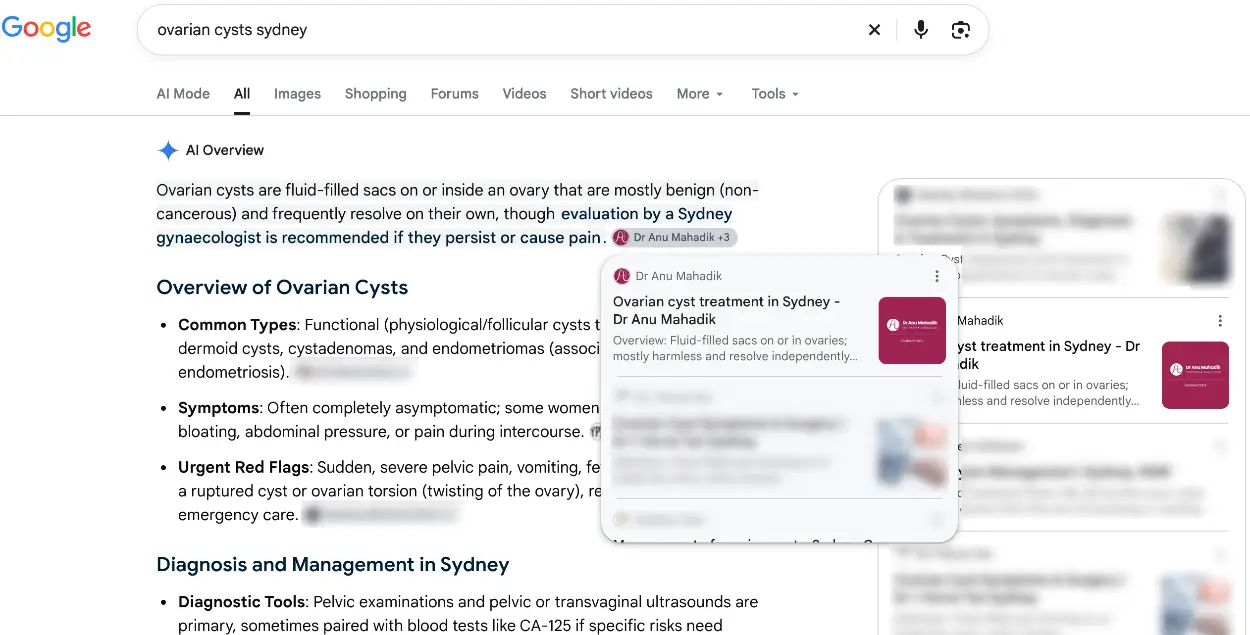 Google AI Overview voor ovarian cysts sydney met de pagina van Dr Anu Mahadik als bron bij de openingszin