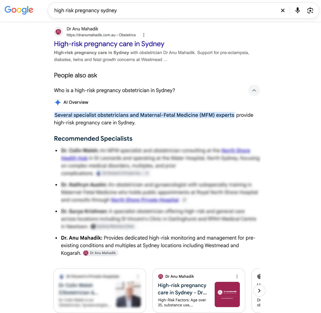 Google-zoekresultaat voor high risk pregnancy sydney met Dr Anu Mahadik als eerste resultaat en in de AI Overview