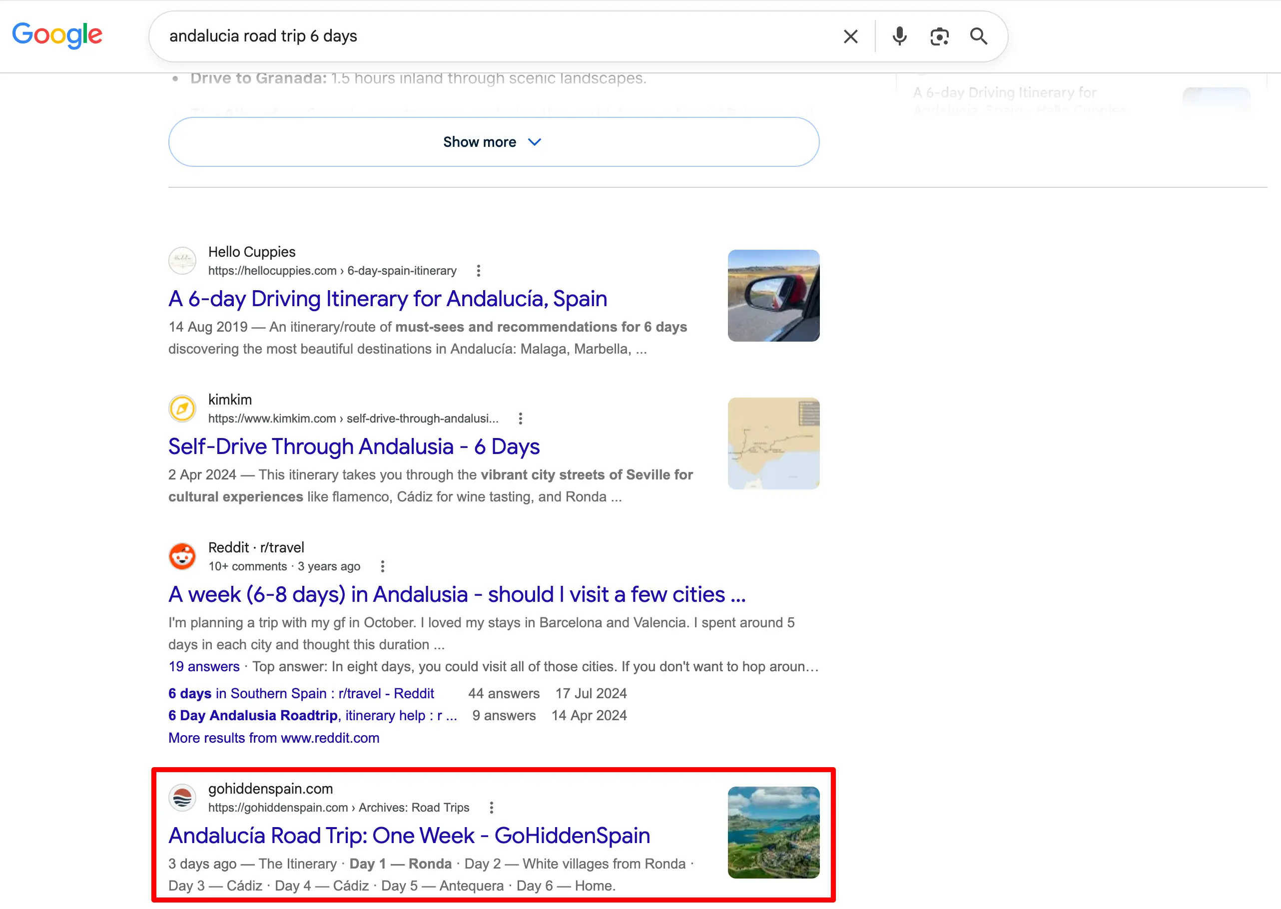 Google-zoekresultaat in incognito voor "andalucia road trip 6 days": GoHiddenSpain op de eerste pagina van Google tussen gevestigde reisblogs.