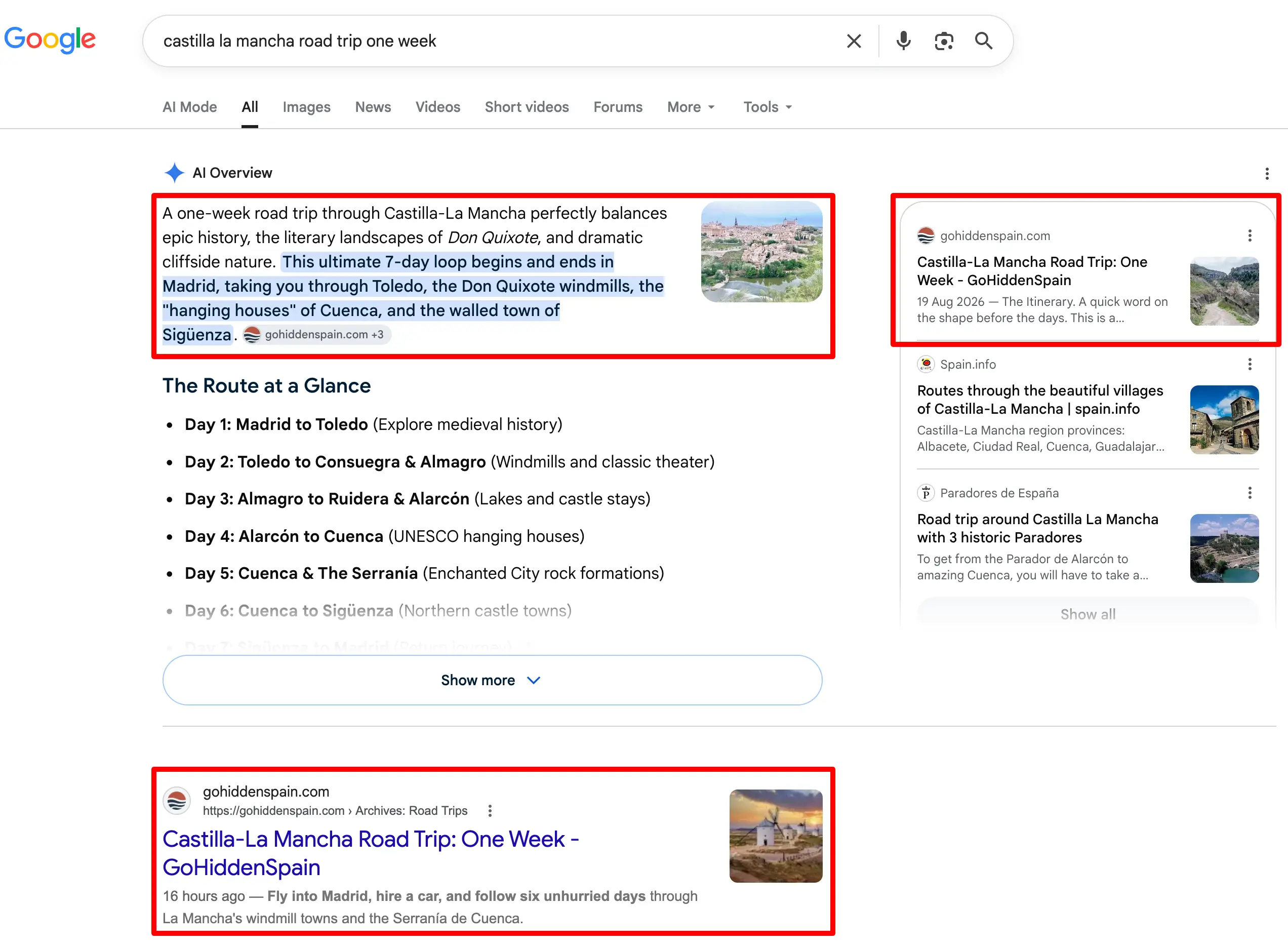 Google-zoekresultaat in incognito voor "castilla la mancha road trip one week": GoHiddenSpain staat bovenaan het AI-overzicht en op de eerste organische positie, zestien uur na publicatie.