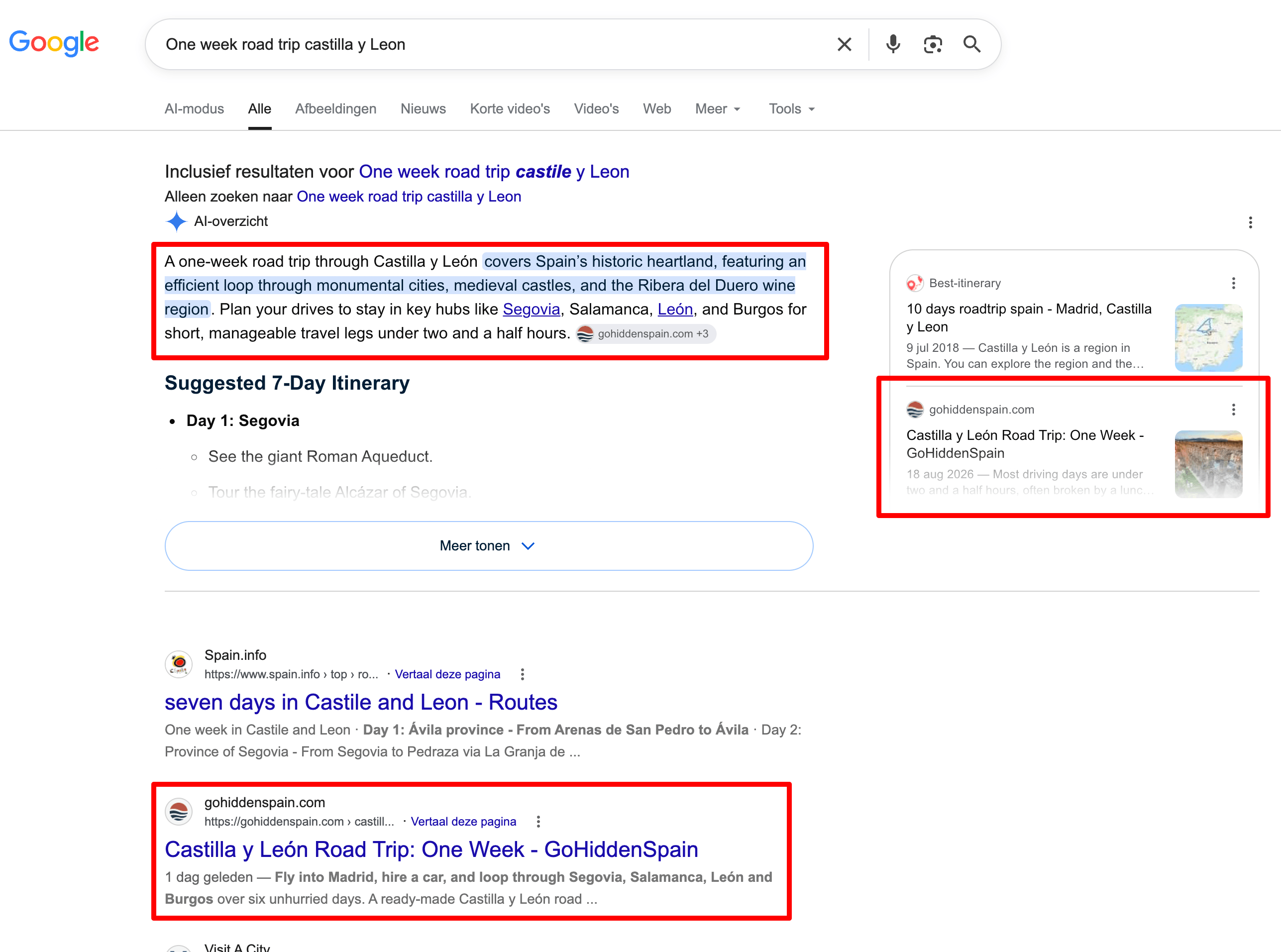 Google-zoekresultaat in incognito voor "one week road trip castilla y leon": GoHiddenSpain wordt aangehaald als bron in het AI-overzicht en staat op de tweede organische positie.
