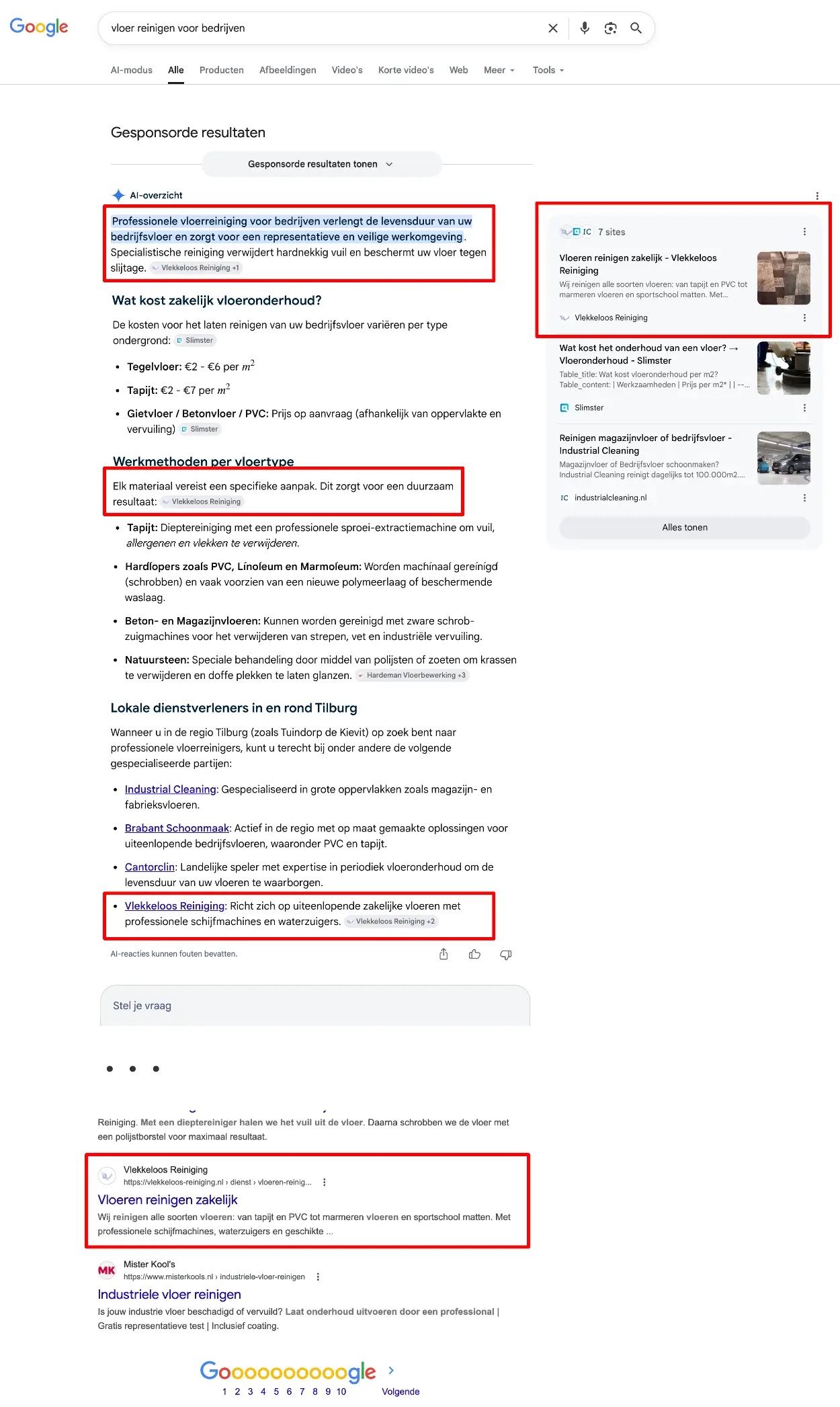 Google AI Overview en zoekresultaten — Vlekkeloos Reiniging op pagina 1 met featured snippet
