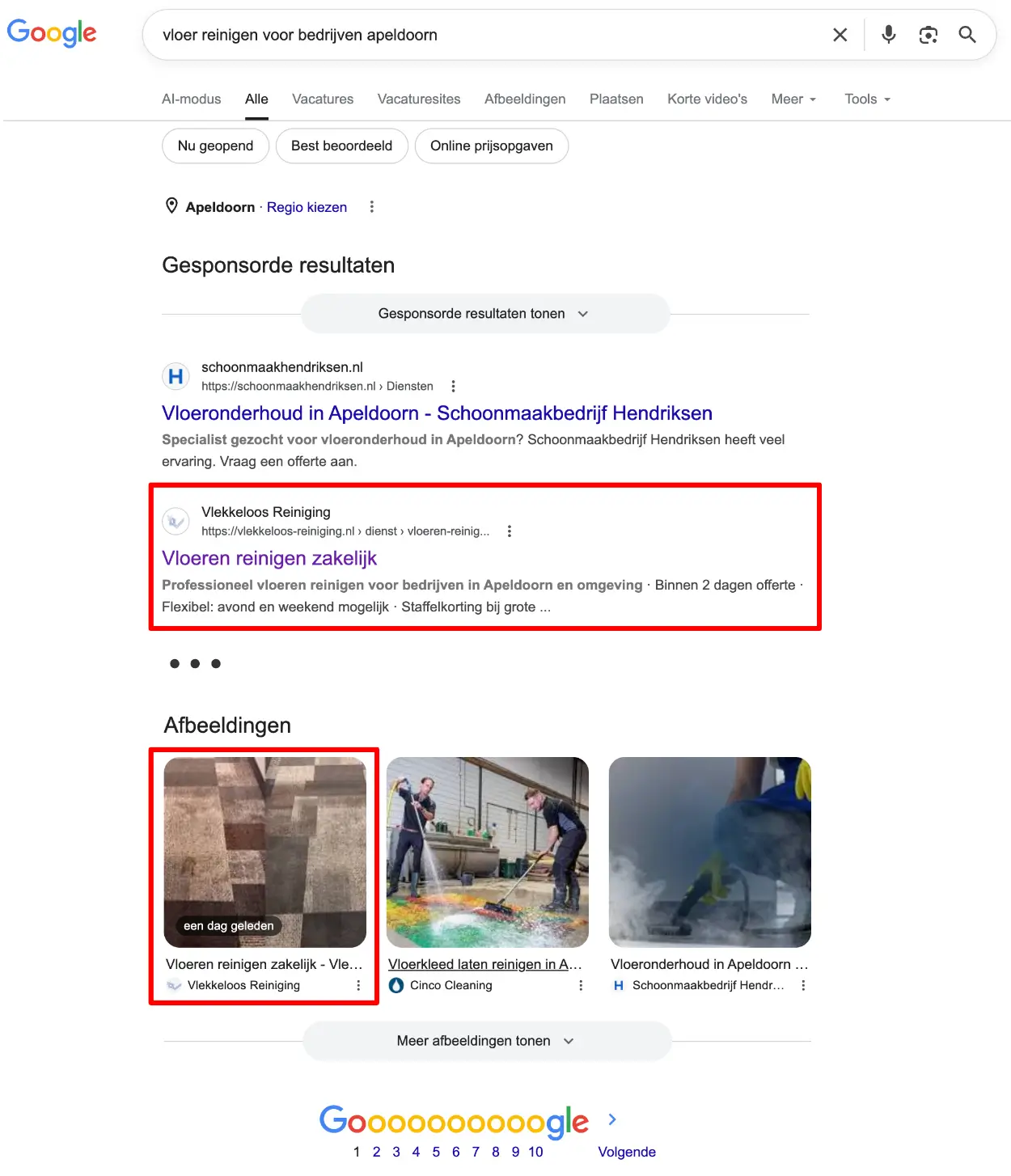 Google zoekresultaat voor vloeren reinigen voor bedrijven — Vlekkeloos Reiniging op positie 2
